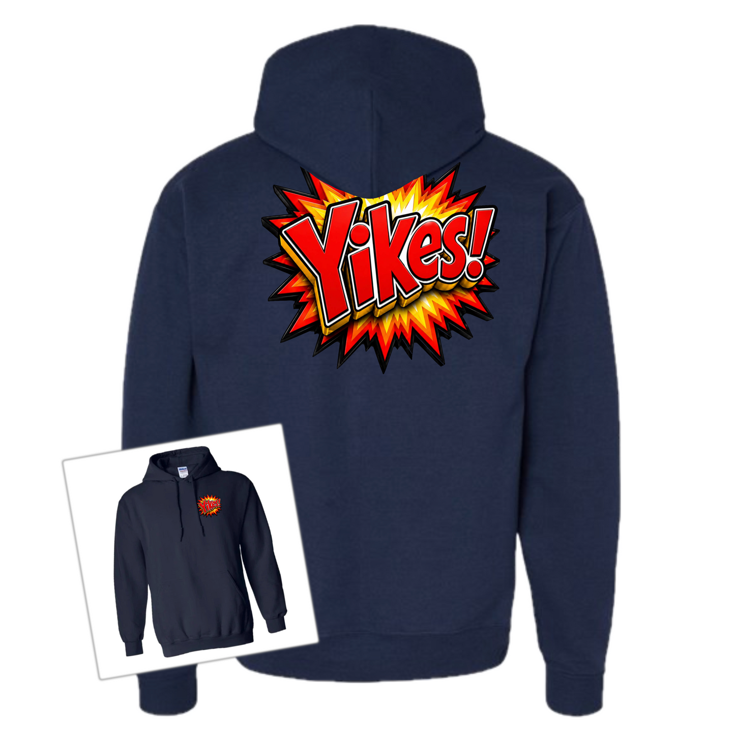 A navy blue hoodie shown from the back, featuring a large comic-style explosion graphic with the word 'Yikes!' in yellow and orange. A smaller inset at the bottom left shows the front view of the hoodie with a matching small chest graphic.
