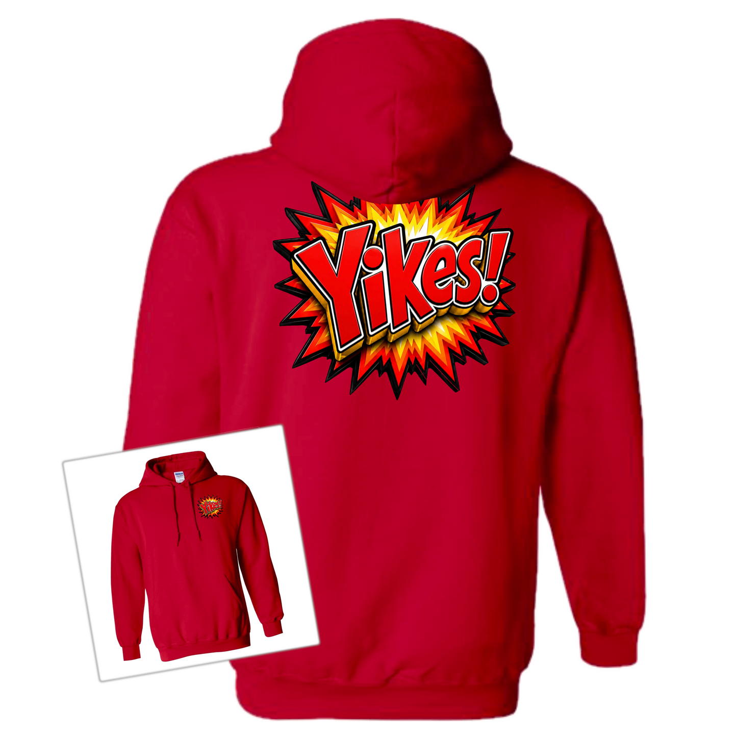 A red pullover hoodie shown from the back, featuring a large comic-style explosion graphic with the word 'Yikes!' in yellow and orange. A smaller inset image in the lower left shows the front view of the same hoodie with a matching small chest graphic.
