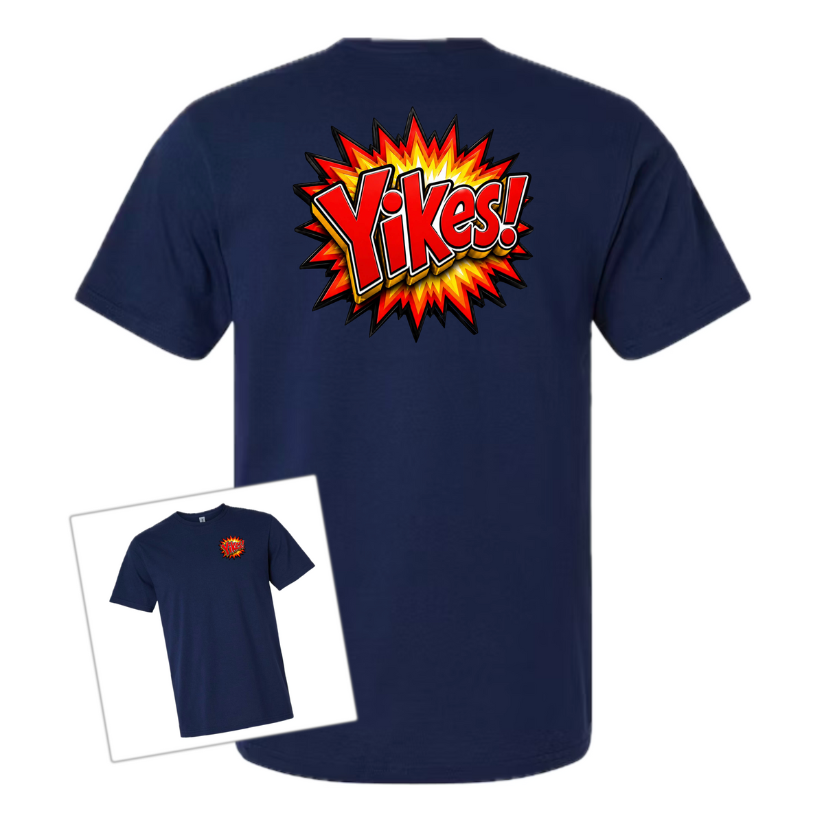 A navy blue short-sleeve t-shirt shown from the back, featuring a large comic-style explosion graphic with the word 'Yikes!' in yellow and orange. A smaller inset at the bottom left shows the front view of the same shirt with a small matching chest graphic.