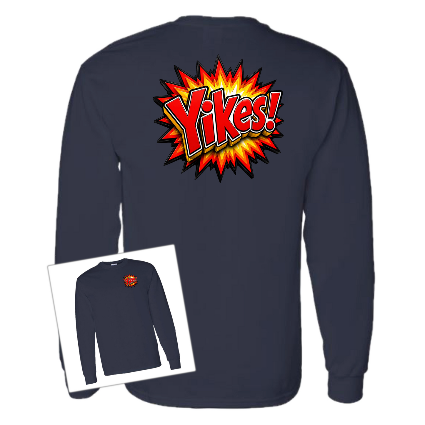 A navy long-sleeve shirt shown from the back, featuring a large comic-style burst graphic with the word 'Yikes!' in yellow and orange. A smaller inset at the lower left shows the front view of the shirt with a small matching chest graphic.