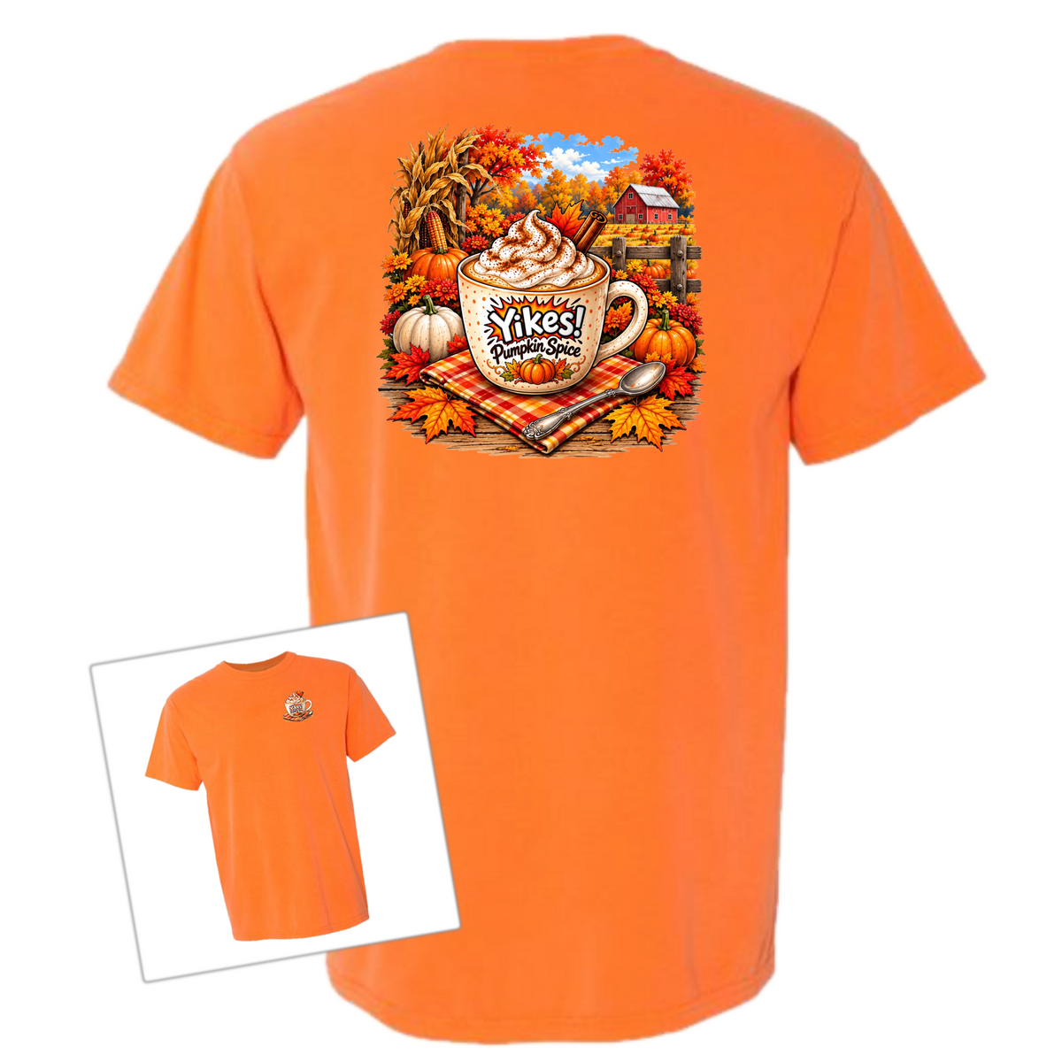 An orange short-sleeve t-shirt shown from the back, featuring a large colorful autumn-themed graphic with pumpkins, fall leaves, a hot cocoa mug, and the text 'Yikes! Pumpkin Spice'. A smaller inset image in the lower left shows the front of the same t-shirt with a small matching chest graphic.