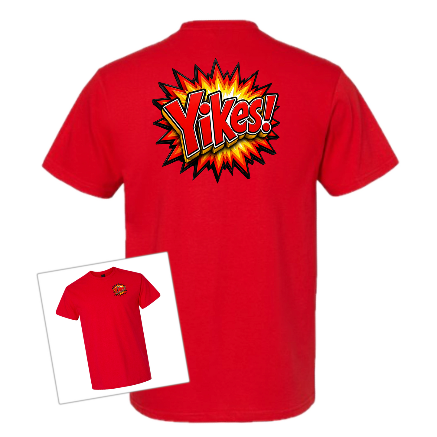 A red short-sleeve T-shirt shown from the back, featuring a large comic-style explosion graphic with the word 'Yikes!' in yellow and orange. A smaller inset at lower left shows the front of the same shirt with a small matching chest graphic.