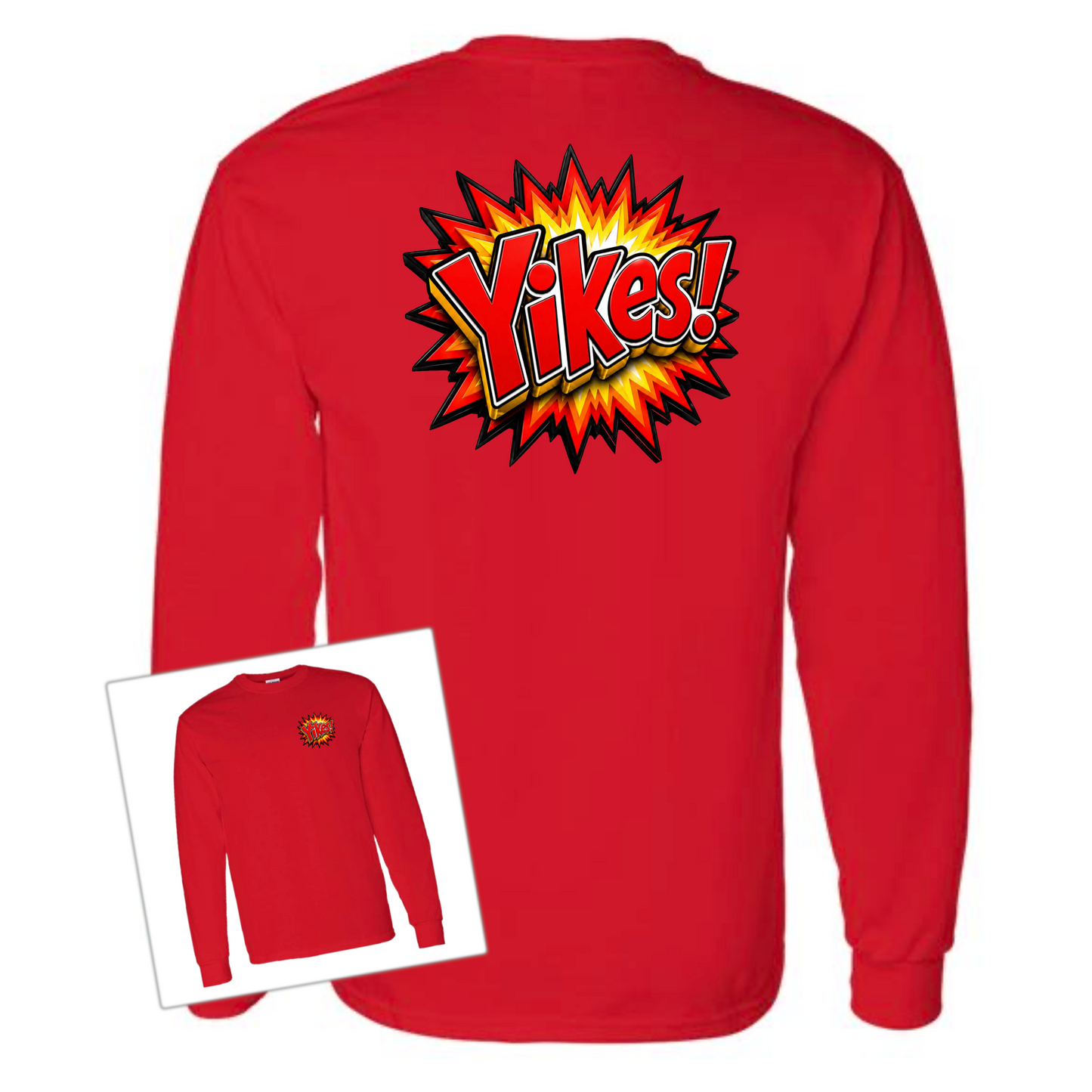 A red long-sleeve crewneck sweatshirt shown from the back, featuring a large yellow and orange comic-style burst graphic with the text 'Yikes!' in black. A small inset in the lower left shows the front view of the sweatshirt with a matching small graphic on the chest.