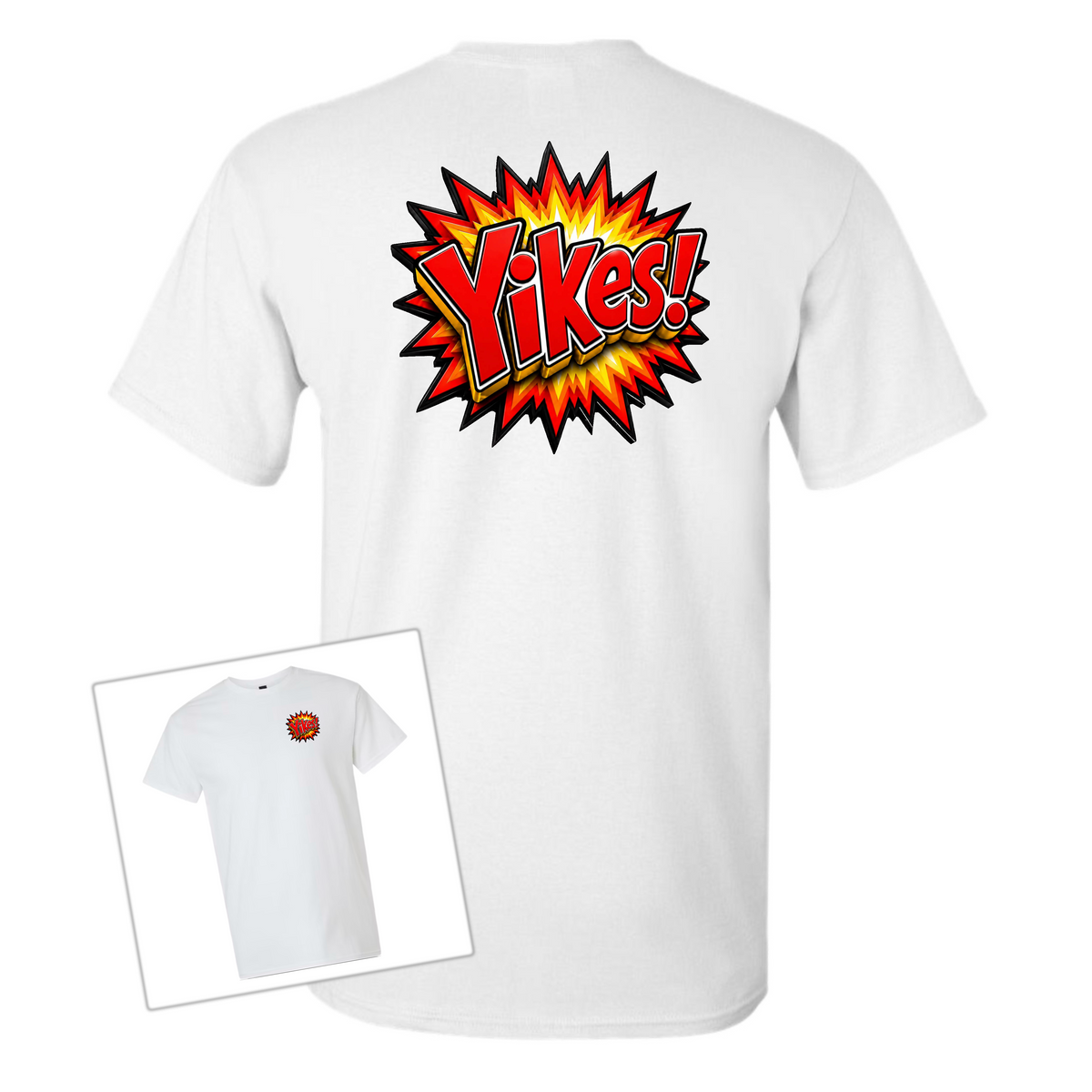 White short-sleeve T-shirt shown from the back with a large comic-style explosion graphic reading “Yikes!” in yellow, orange, and black. A smaller inset at lower left shows the front view with the same graphic on the left chest.